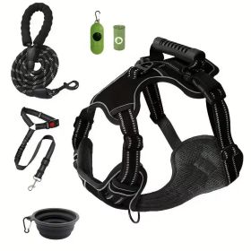 Tactical Service Dog Harness Strap Set, Car Seat Belt, Collapsible Bowl, Biodegradable Trash Bag Set For Dogs (Option: Black-L)