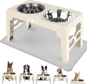 Elevated Dog Bowls for Small Dogs and Cats with Mat, Non-Slip Cat Bowls with 2 Thick 5.5" Stainless Steel Dishes (Color: Beige  8" for Medium Dogs 1 Basic&1Slow Bowl with Mat)